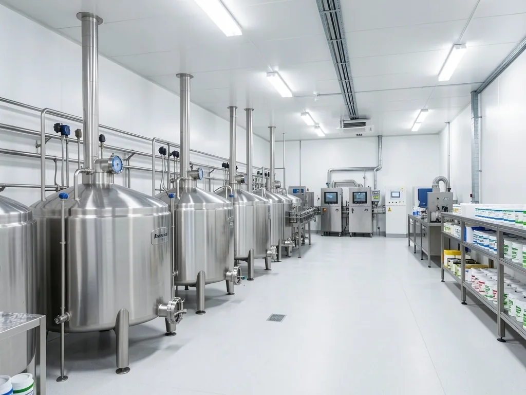 Clean supplement manufacturing facility with stainless steel equipment