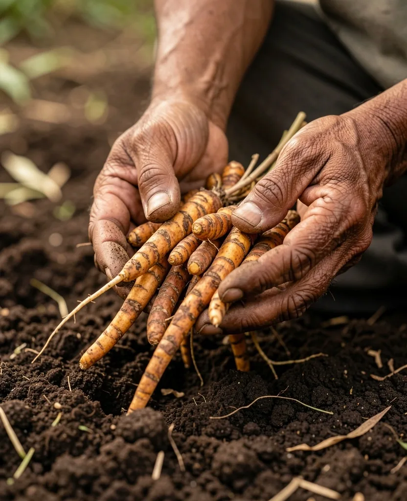 Hands holding fresh turmeric roots over rich soil