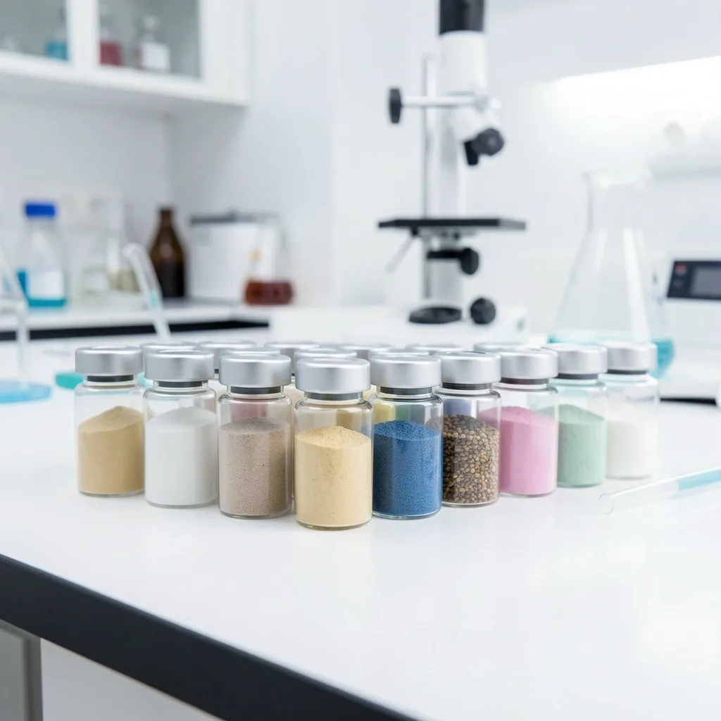 Laboratory vials with supplement powder samples on a testing bench