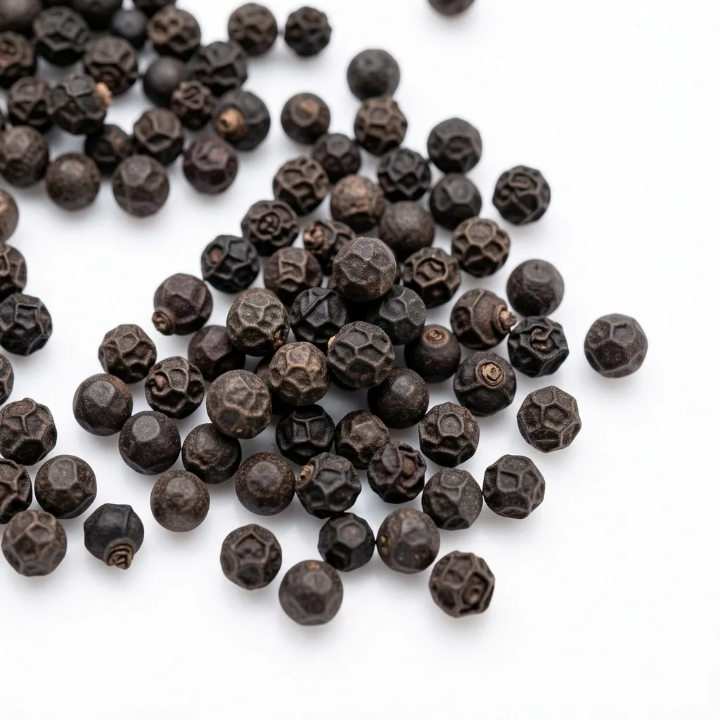 Macro photograph of black peppercorns on a white surface