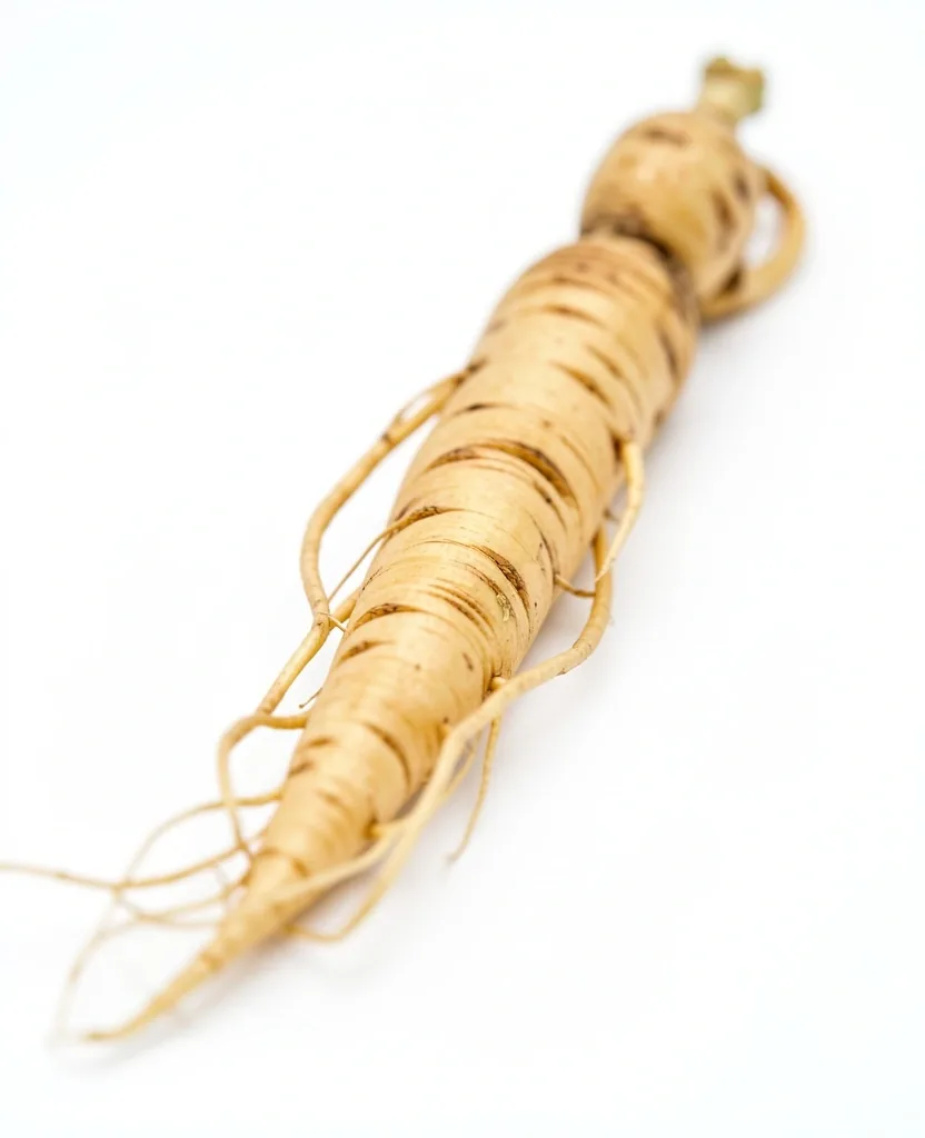 Macro photograph of a ginseng root on a white laboratory surface