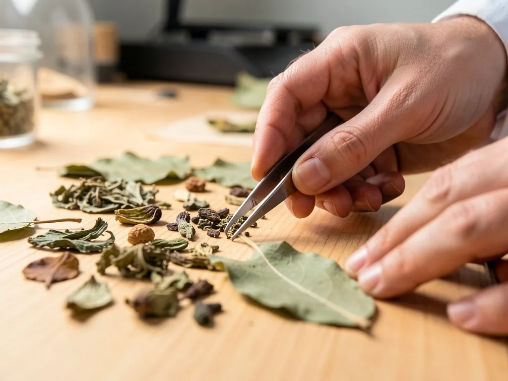 Research desk with botanical specimens and a magnifying glass