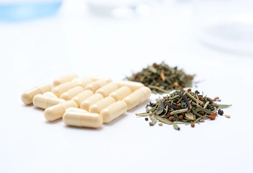 Supplement capsules and herbs arranged on a clean surface