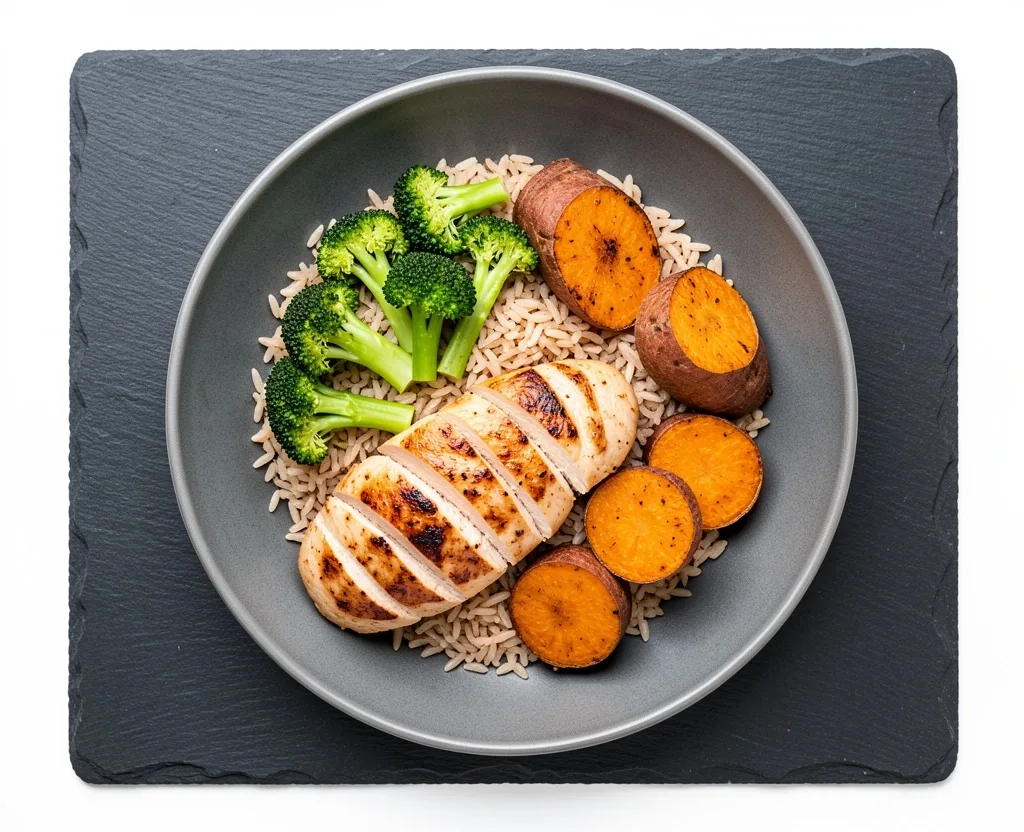 Balanced meal plate with protein, rice, and vegetables