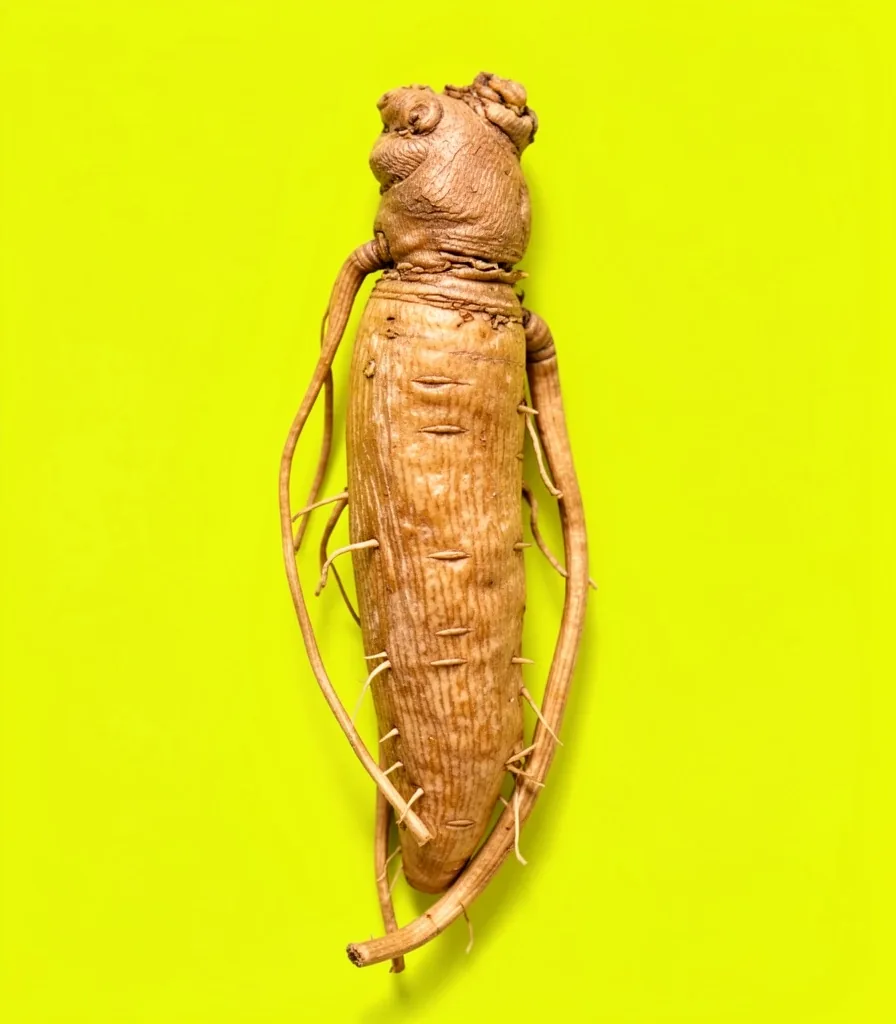 Dried ginseng root on a lime-colored background