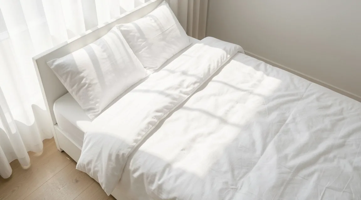 Minimalist bedroom with white linens and soft light
